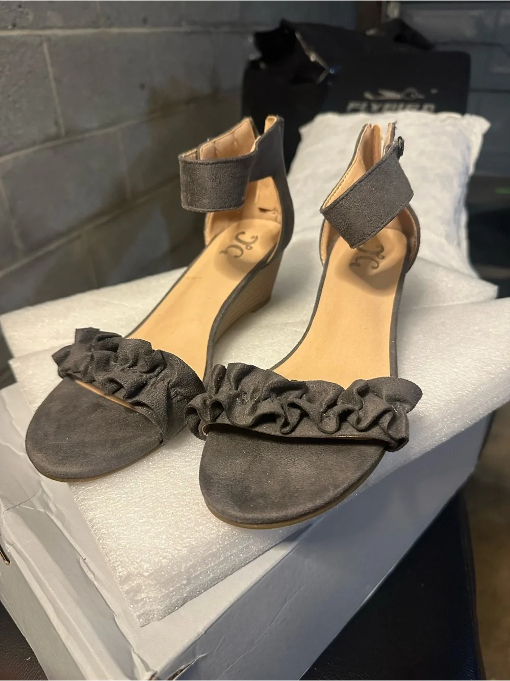 Journee Collection Gray Ruffle Ankle-Strap Wedge Sandals